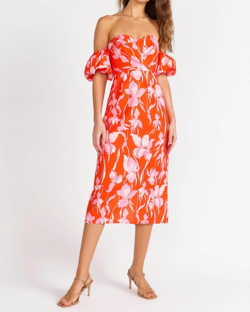 Front of a model wearing a size Large Floral Hinge Sleeve Dress in Red in Red by LENA. | dia_product_style_image_id:336082